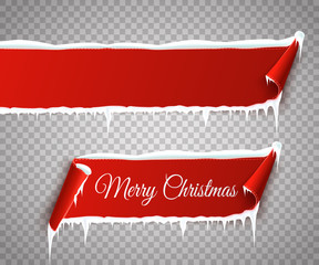 Poster - Set of red curved paper Merry Christmas banners with snow and icicles isolated on transparent background. Vector