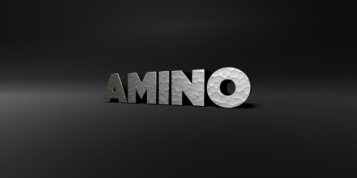 AMINO - hammered metal finish text on black studio - 3D rendered royalty free stock photo. This image can be used for an online website banner ad or a print postcard.