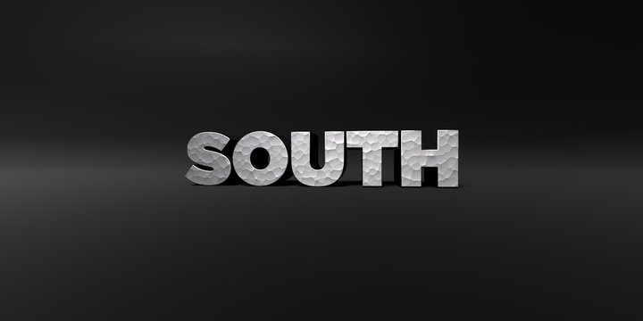 SOUTH - hammered metal finish text on black studio - 3D rendered royalty free stock photo. This image can be used for an online website banner ad or a print postcard.