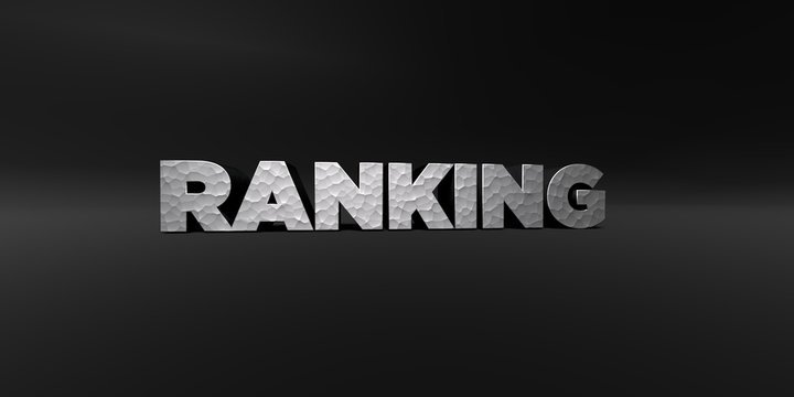 RANKING - hammered metal finish text on black studio - 3D rendered royalty free stock photo. This image can be used for an online website banner ad or a print postcard.