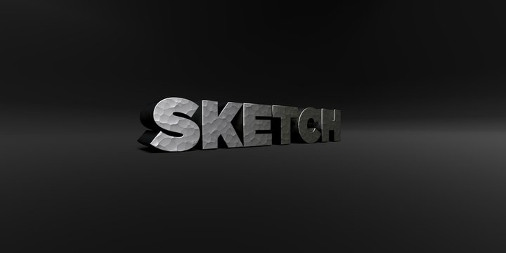 SKETCH - hammered metal finish text on black studio - 3D rendered royalty free stock photo. This image can be used for an online website banner ad or a print postcard.