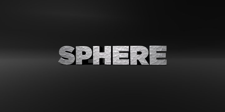 SPHERE - hammered metal finish text on black studio - 3D rendered royalty free stock photo. This image can be used for an online website banner ad or a print postcard.