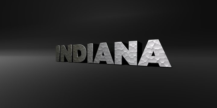 INDIANA - hammered metal finish text on black studio - 3D rendered royalty free stock photo. This image can be used for an online website banner ad or a print postcard.