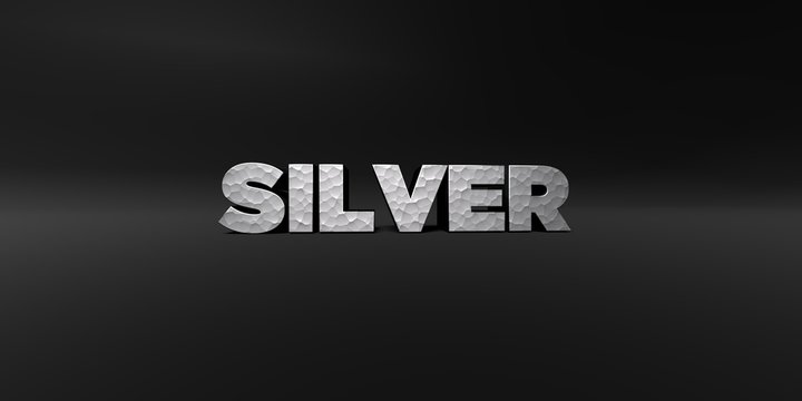 SILVER - hammered metal finish text on black studio - 3D rendered royalty free stock photo. This image can be used for an online website banner ad or a print postcard.