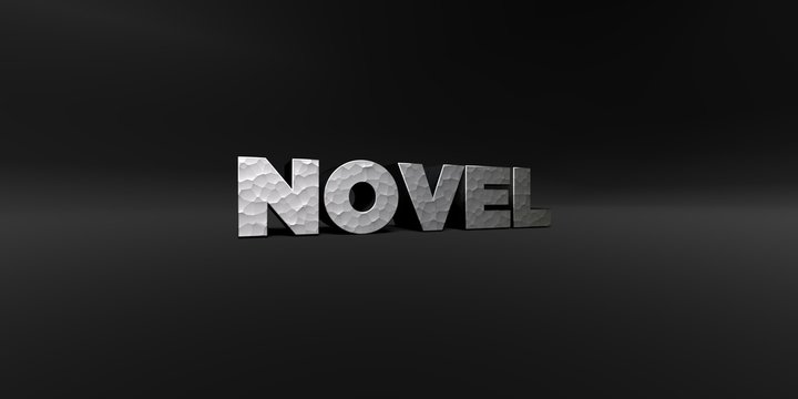 NOVEL - hammered metal finish text on black studio - 3D rendered royalty free stock photo. This image can be used for an online website banner ad or a print postcard.