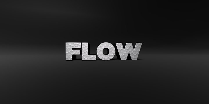 FLOW - hammered metal finish text on black studio - 3D rendered royalty free stock photo. This image can be used for an online website banner ad or a print postcard.