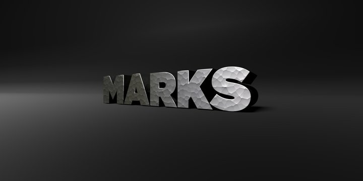 MARKS - hammered metal finish text on black studio - 3D rendered royalty free stock photo. This image can be used for an online website banner ad or a print postcard.