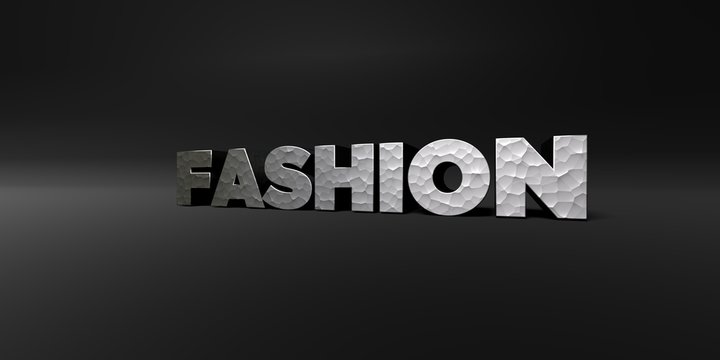 FASHION - hammered metal finish text on black studio - 3D rendered royalty free stock photo. This image can be used for an online website banner ad or a print postcard.
