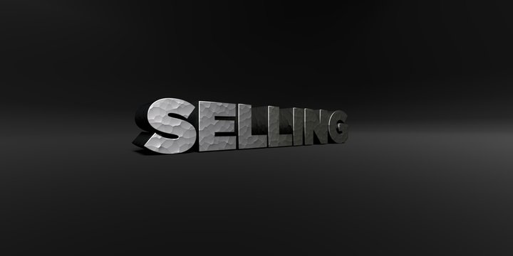 SELLING - hammered metal finish text on black studio - 3D rendered royalty free stock photo. This image can be used for an online website banner ad or a print postcard.