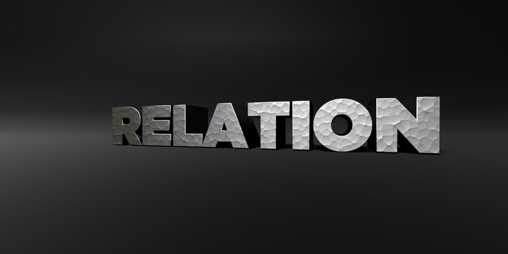 RELATION - hammered metal finish text on black studio - 3D rendered royalty free stock photo. This image can be used for an online website banner ad or a print postcard.