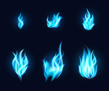 Blue Fire Vector Set. Transparent Blue Flames Collection On Dark Background.