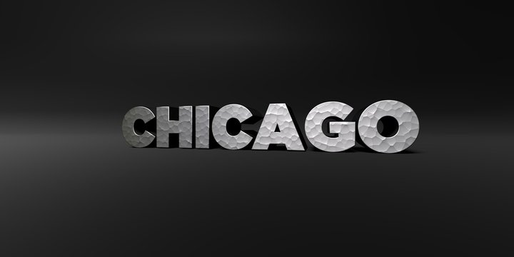 CHICAGO - hammered metal finish text on black studio - 3D rendered royalty free stock photo. This image can be used for an online website banner ad or a print postcard.