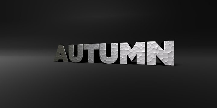 AUTUMN - hammered metal finish text on black studio - 3D rendered royalty free stock photo. This image can be used for an online website banner ad or a print postcard.