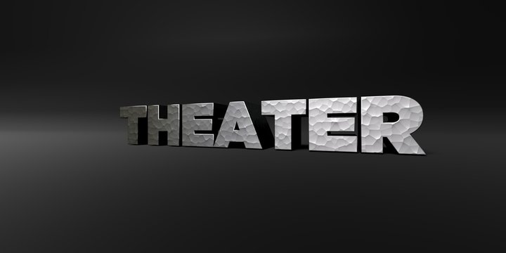 THEATER - hammered metal finish text on black studio - 3D rendered royalty free stock photo. This image can be used for an online website banner ad or a print postcard.