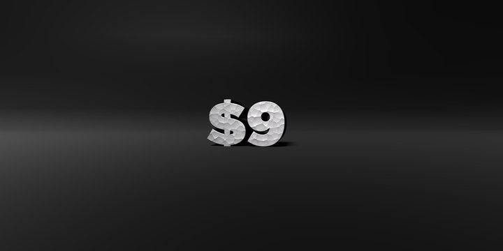 $9 - hammered metal finish text on black studio - 3D rendered royalty free stock photo. This image can be used for an online website banner ad or a print postcard.