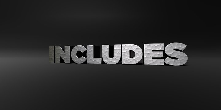 INCLUDES - hammered metal finish text on black studio - 3D rendered royalty free stock photo. This image can be used for an online website banner ad or a print postcard.