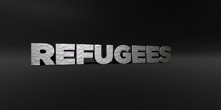 REFUGEES - hammered metal finish text on black studio - 3D rendered royalty free stock photo. This image can be used for an online website banner ad or a print postcard.