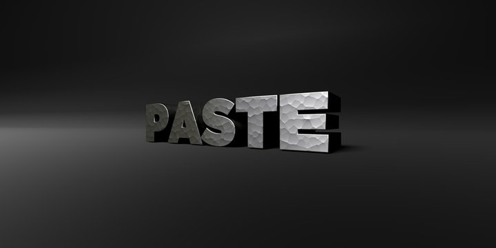 PASTE - hammered metal finish text on black studio - 3D rendered royalty free stock photo. This image can be used for an online website banner ad or a print postcard.