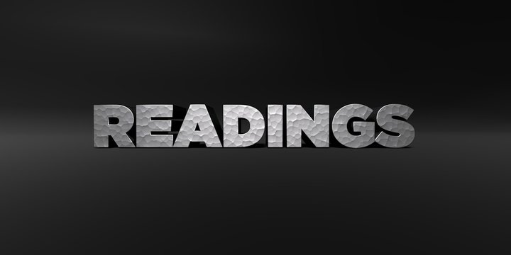 READINGS - hammered metal finish text on black studio - 3D rendered royalty free stock photo. This image can be used for an online website banner ad or a print postcard.
