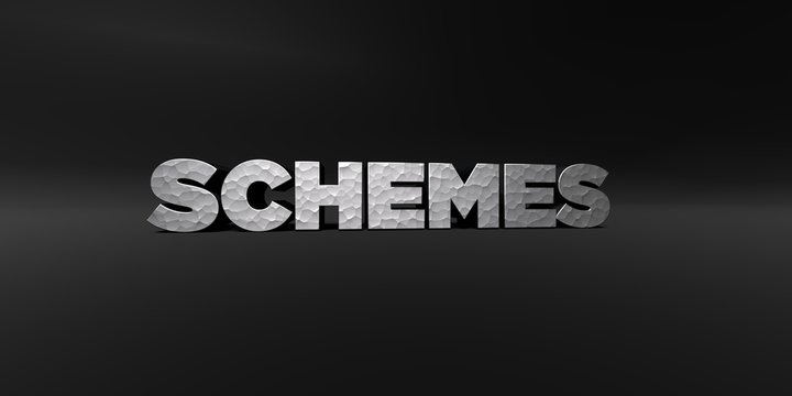SCHEMES - hammered metal finish text on black studio - 3D rendered royalty free stock photo. This image can be used for an online website banner ad or a print postcard.