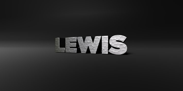 LEWIS - hammered metal finish text on black studio - 3D rendered royalty free stock photo. This image can be used for an online website banner ad or a print postcard.