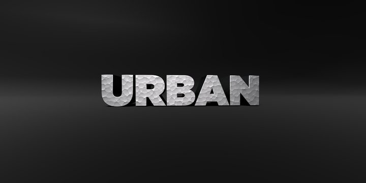 URBAN - hammered metal finish text on black studio - 3D rendered royalty free stock photo. This image can be used for an online website banner ad or a print postcard.