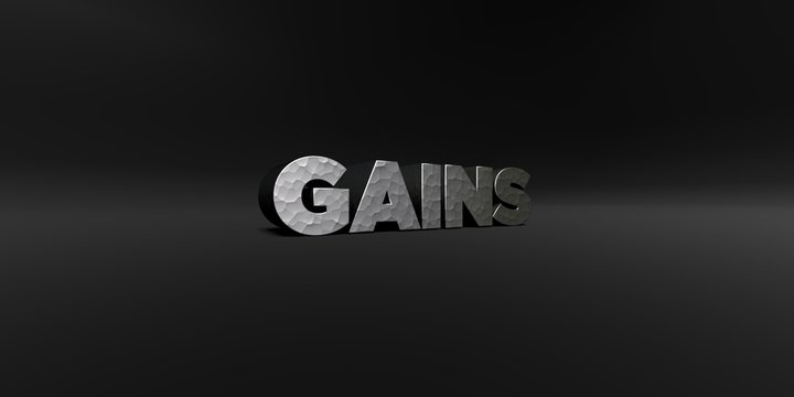 GAINS - hammered metal finish text on black studio - 3D rendered royalty free stock photo. This image can be used for an online website banner ad or a print postcard.