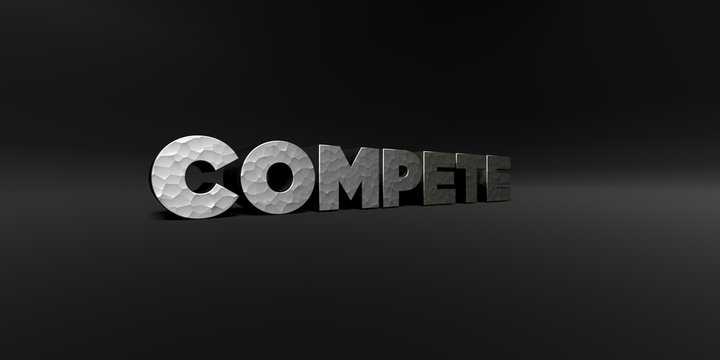 COMPETE - hammered metal finish text on black studio - 3D rendered royalty free stock photo. This image can be used for an online website banner ad or a print postcard.