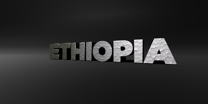 ETHIOPIA - hammered metal finish text on black studio - 3D rendered royalty free stock photo. This image can be used for an online website banner ad or a print postcard.