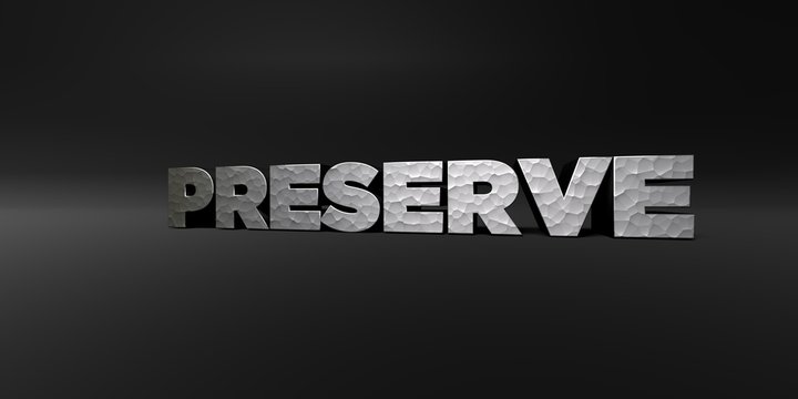 PRESERVE - hammered metal finish text on black studio - 3D rendered royalty free stock photo. This image can be used for an online website banner ad or a print postcard.