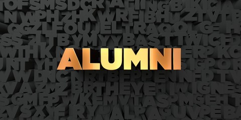 Poster - Alumni - Gold text on black background - 3D rendered royalty free stock picture. This image can be used for an online website banner ad or a print postcard.