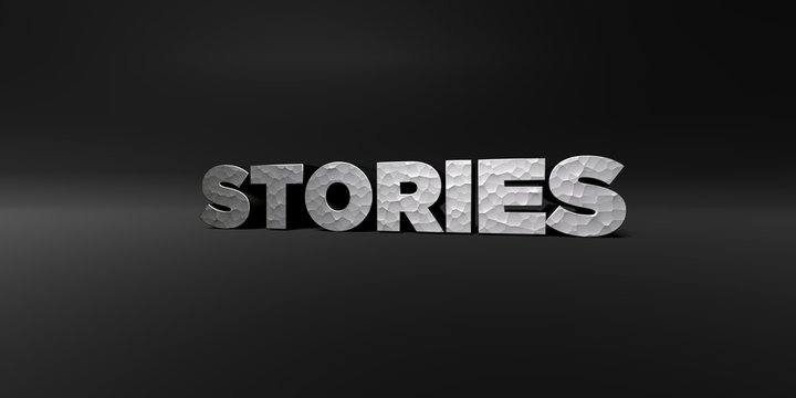 STORIES - hammered metal finish text on black studio - 3D rendered royalty free stock photo. This image can be used for an online website banner ad or a print postcard.