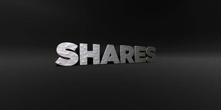 SHARES - hammered metal finish text on black studio - 3D rendered royalty free stock photo. This image can be used for an online website banner ad or a print postcard.