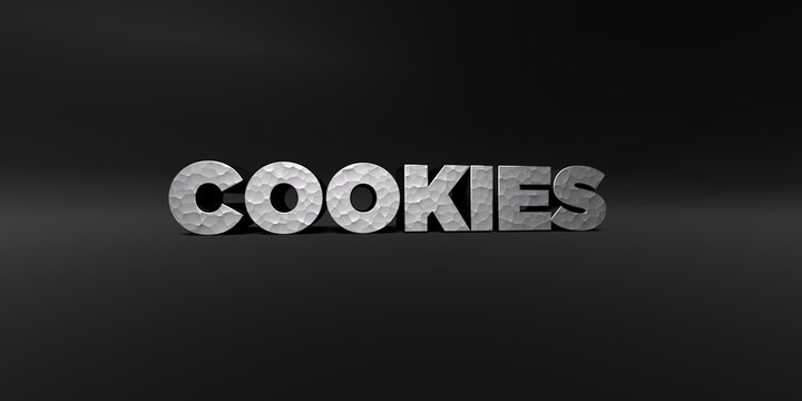 COOKIES - hammered metal finish text on black studio - 3D rendered royalty free stock photo. This image can be used for an online website banner ad or a print postcard.