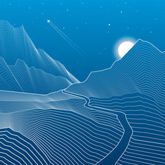 Wall Mural - Road into the mountains, winding highway, mountain landscape, white lines on blue background, vector design art