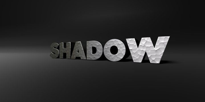 SHADOW - hammered metal finish text on black studio - 3D rendered royalty free stock photo. This image can be used for an online website banner ad or a print postcard.