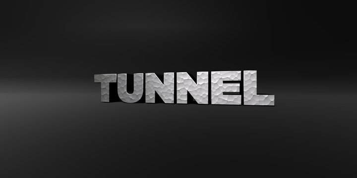 TUNNEL - hammered metal finish text on black studio - 3D rendered royalty free stock photo. This image can be used for an online website banner ad or a print postcard.