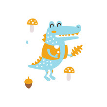 Blue Crocodile In Jacket Holding Oak Leaf Smiling In Autumn Standing Upright Humanized Animal Character Illustration In Funky Decorative Style
