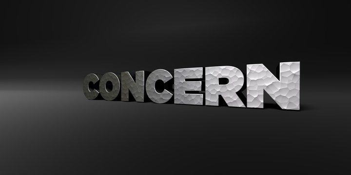 CONCERN - hammered metal finish text on black studio - 3D rendered royalty free stock photo. This image can be used for an online website banner ad or a print postcard.
