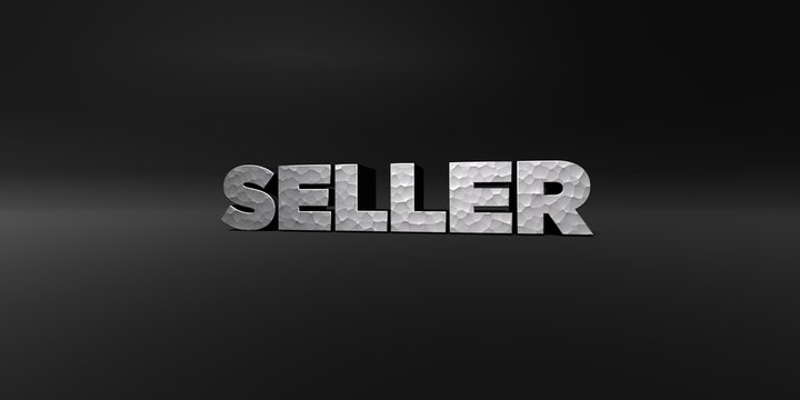 SELLER - hammered metal finish text on black studio - 3D rendered royalty free stock photo. This image can be used for an online website banner ad or a print postcard.