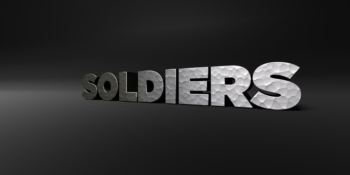 SOLDIERS - hammered metal finish text on black studio - 3D rendered royalty free stock photo. This image can be used for an online website banner ad or a print postcard.