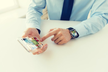 Canvas Print - close up of hands with smart phone and watch