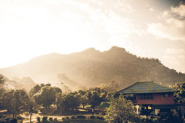 Beautiful summer mountain landscape at sunshine.Vintage or retro tone.