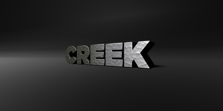 CREEK - hammered metal finish text on black studio - 3D rendered royalty free stock photo. This image can be used for an online website banner ad or a print postcard.