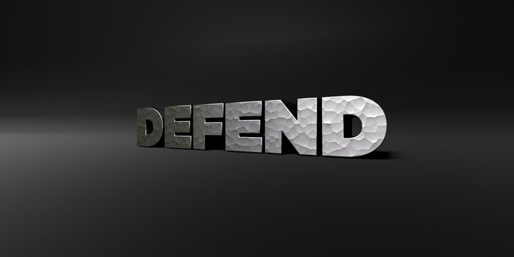 DEFEND - hammered metal finish text on black studio - 3D rendered royalty free stock photo. This image can be used for an online website banner ad or a print postcard.