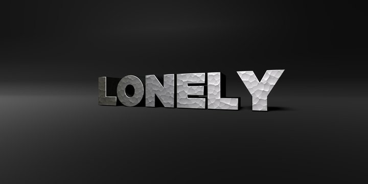 LONELY - hammered metal finish text on black studio - 3D rendered royalty free stock photo. This image can be used for an online website banner ad or a print postcard.