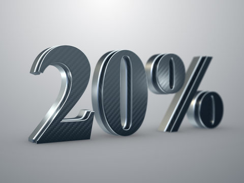 20 percent off discount sign - realistic extruded metallic text 3D rendered with depth of field