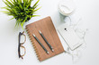 Flat lay of stationery and hot coffee, mockup top view set on gray background