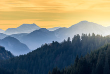 Colorful Sunset In Bavarian Alps. Blue Mountain Peaks, Green Forest And Bright Sky.