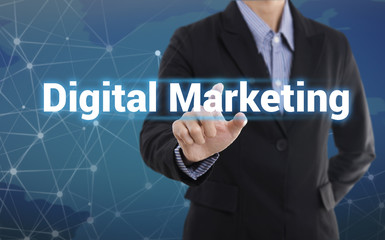 Aufkleber - Businessman hand pressing button digital marketing.  sign on virtual screen. business concept.